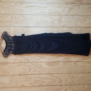 Xscape NWT Navy Beaded Cap Sleeve Illusion Ruched Cascade Ruffle Maxi Dr…